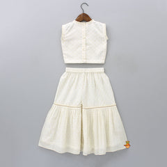 Pre Order: Elegant Off White Chanderi Banarasi Gota Work Top And Pleated Sharara
