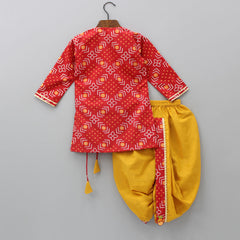 Pre Order: Bandhani Printed Angrakha Kurta With Dhoti And Matching Cap With Booties