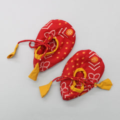 Pre Order: Bandhani Printed Angrakha Kurta With Dhoti And Matching Cap With Booties
