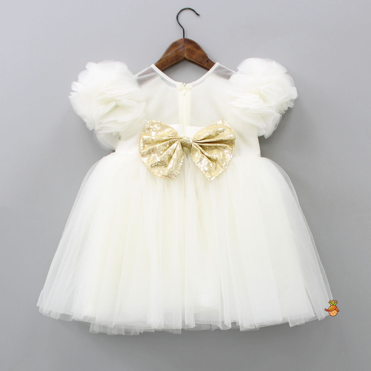 Checks Embroidered Yoke Off White Dress With Back Sequined Bow