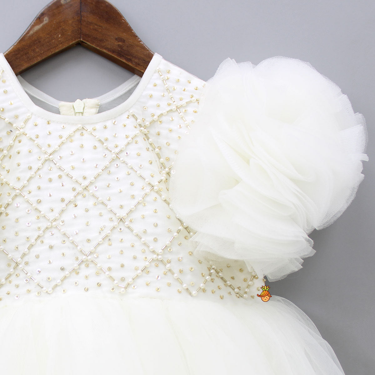 Checks Embroidered Yoke Off White Dress With Back Sequined Bow