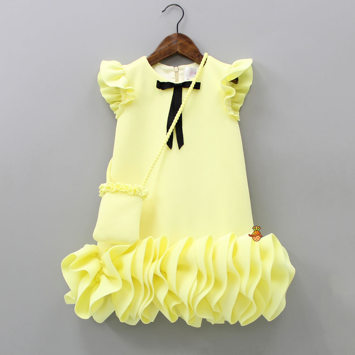 Pre Order: Elegant Yellow Ruffle Dress With Matching Sling Bag