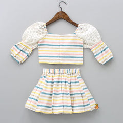 Pre Order: Pretty Multicoloured Strips Top And Pleated Skirt