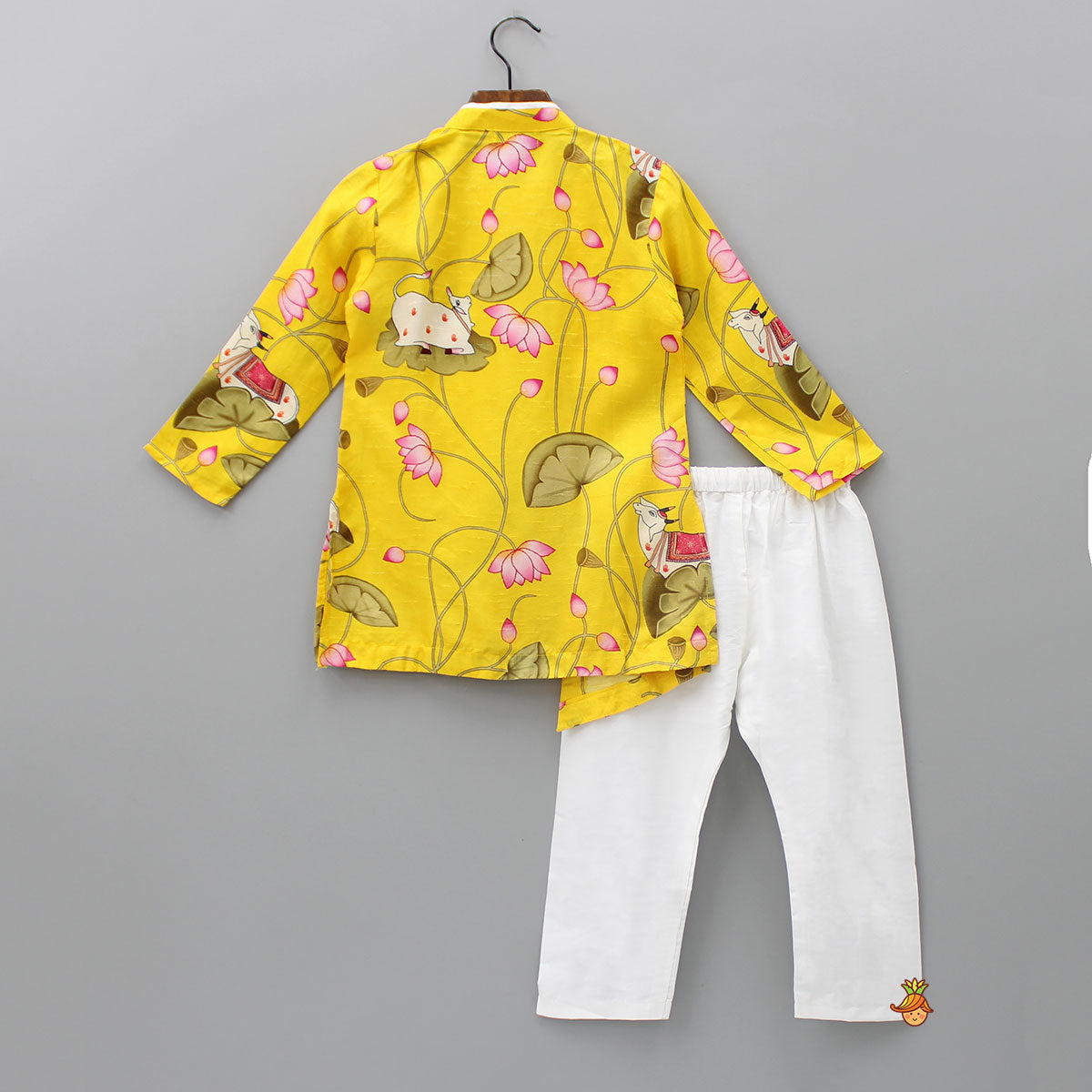 Cow And Lotus Printed Stylish Yellow Kurta With Pyjama