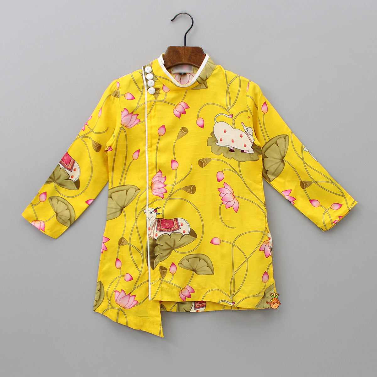 Cow And Lotus Printed Stylish Yellow Kurta With Pyjama