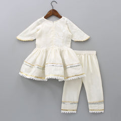Pre Order: Lace Work And Pleated Off White Kurti With Pant