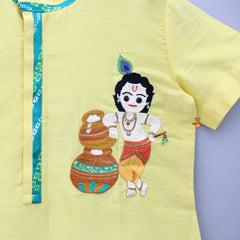 Pre Order: Krishna Hand Embroidered Short Sleeves Yellow Kurta And Leheriya Dhoti