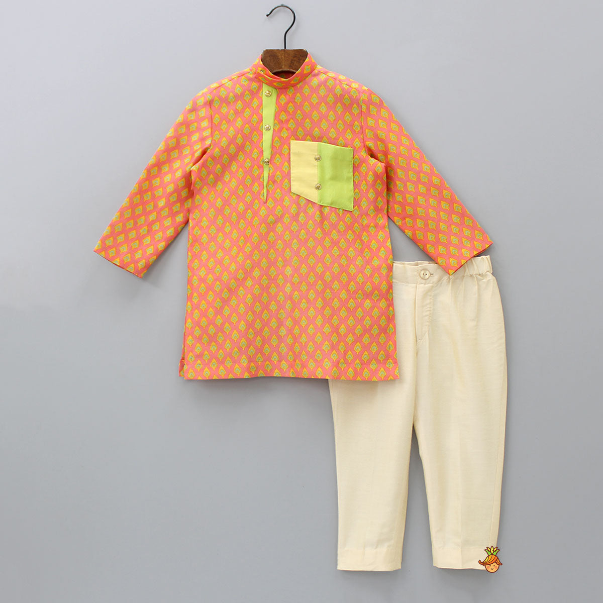 Pre Order: Ethnic Printed Pink Kurta With Beige Pyjama