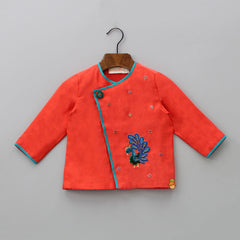 Pre Order: Hand Embroidered Peacock Front Open Kurta And Leheriya Dhoti