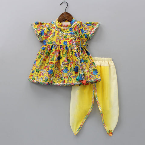 Pre Order: Multicolour Lotus Printed Angrakha Kurti With Ombre Yellow Dhoti