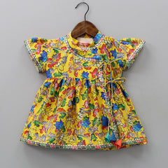 Pre Order: Multicolour Lotus Printed Angrakha Kurti With Ombre Yellow Dhoti