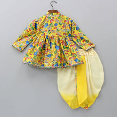 Pre Order: Multicolour Lotus Printed Angrakha Kurta With Ombre Yellow Dhoti
