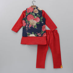 Ethnic Red Kurta And Floral Printed Jacket With Pyjama