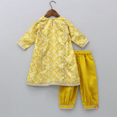 Pre Order: Lace Detailed Printed Mustard Kurti And Patiala