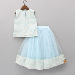 Pre Order: Beautiful Thread Embroidered Georgette Blue Top With Lehenga And Dupatta