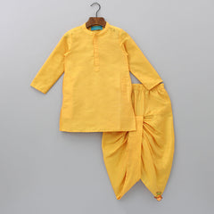 Yellow Kurta With Floral Printed Jacket And Dhoti