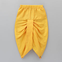 Yellow Kurta With Floral Printed Jacket And Dhoti