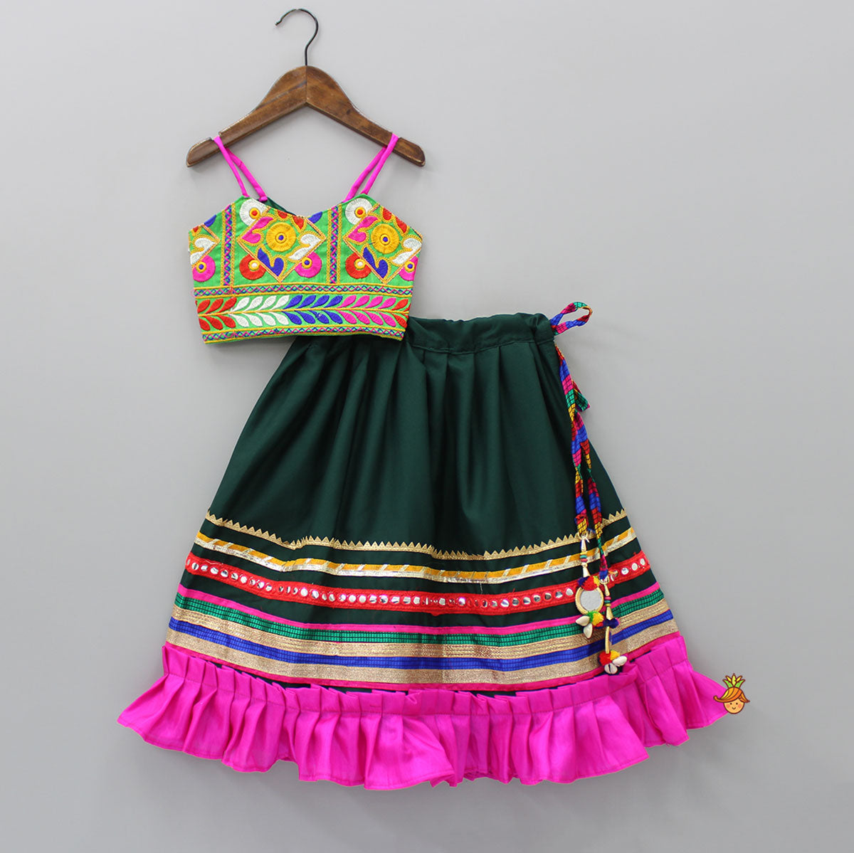 Colourful Embroidered Cotton Top And Pleated Hem Lehenga