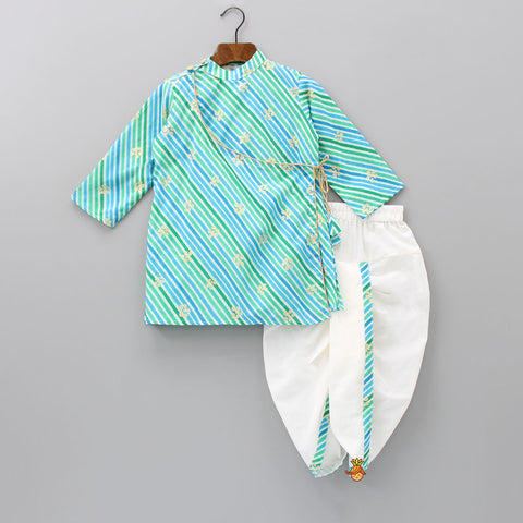Diagonal Striped Mandarin Collar Angrakha Style Kurta With Dhoti
