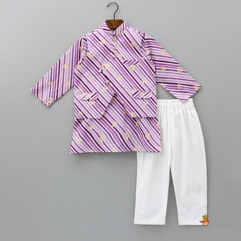 Diagonal Striped Kurta And Jacket With Pyjama