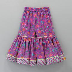 Pre Order: Floral Printed Lace Detailed Purple Kurti And Sharara With Dupatta