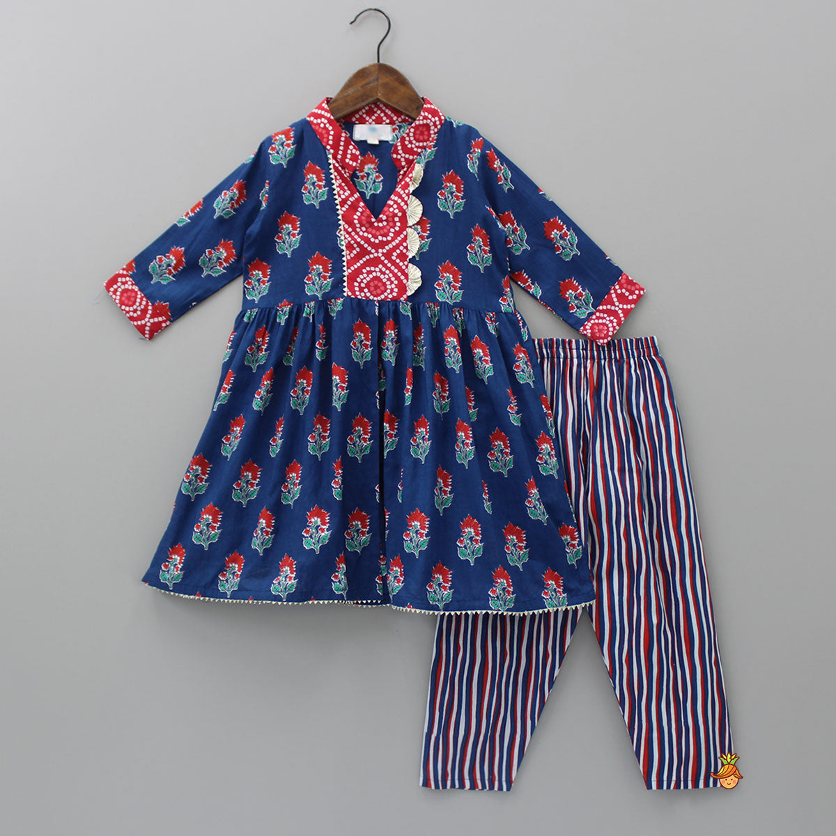 Floral Printed Front Slit Blue Kurti With Striped Pant
