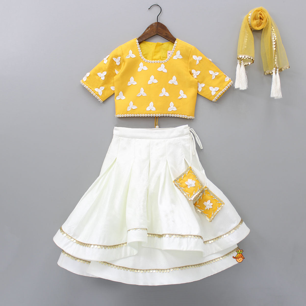 Pre Order: Beautiful Fabric Flowers Embroidered Top With Layered Lehenga And Dupatta