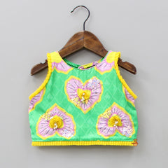 Pre Order: Lovely Hearts Printed Top With Cowl Lehenga