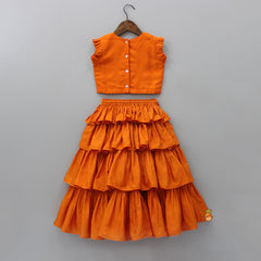Pre Order: Heavy Sequins Embroidered Orange Top And And Multilayered Lehenga