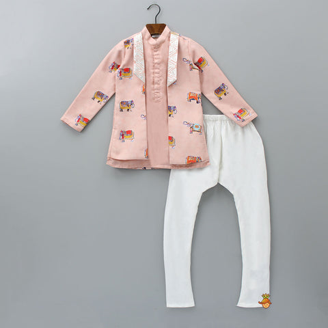 Pre Order: Gota Lace Work Jacket Style Printed Pink Kurta And Churidar