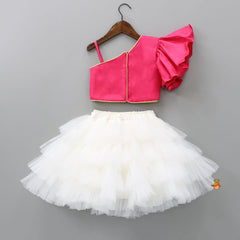 Pre Order: One Shoulder Pink Top With Flared Skirt