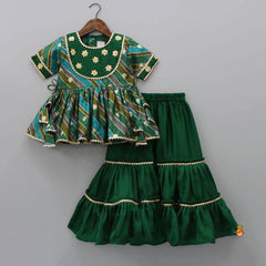 Gota Floral Yoke Embroidered Striped Multicolour Top And Ruffle Green Sharara With Matching Dupatta