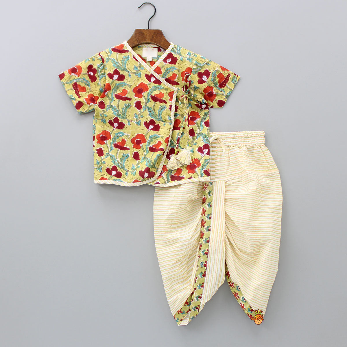 Red And Sage Green Hand Block Floral Printed Angarkha Style Kurta And Striped Dhoti