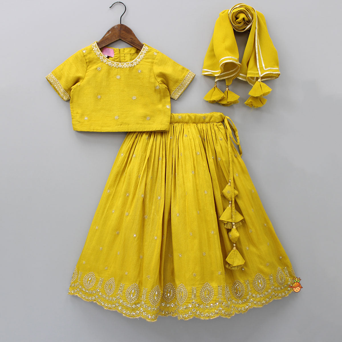 Pre Order: Intricate Embroidered Top And Lehenga With Gota Lace Detailed Dupatta