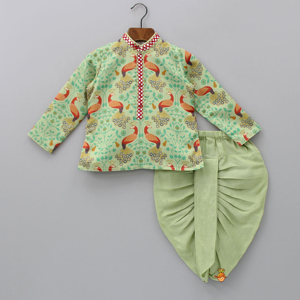 Peacock Printed Kurta And Dhoti With Matching Mukut