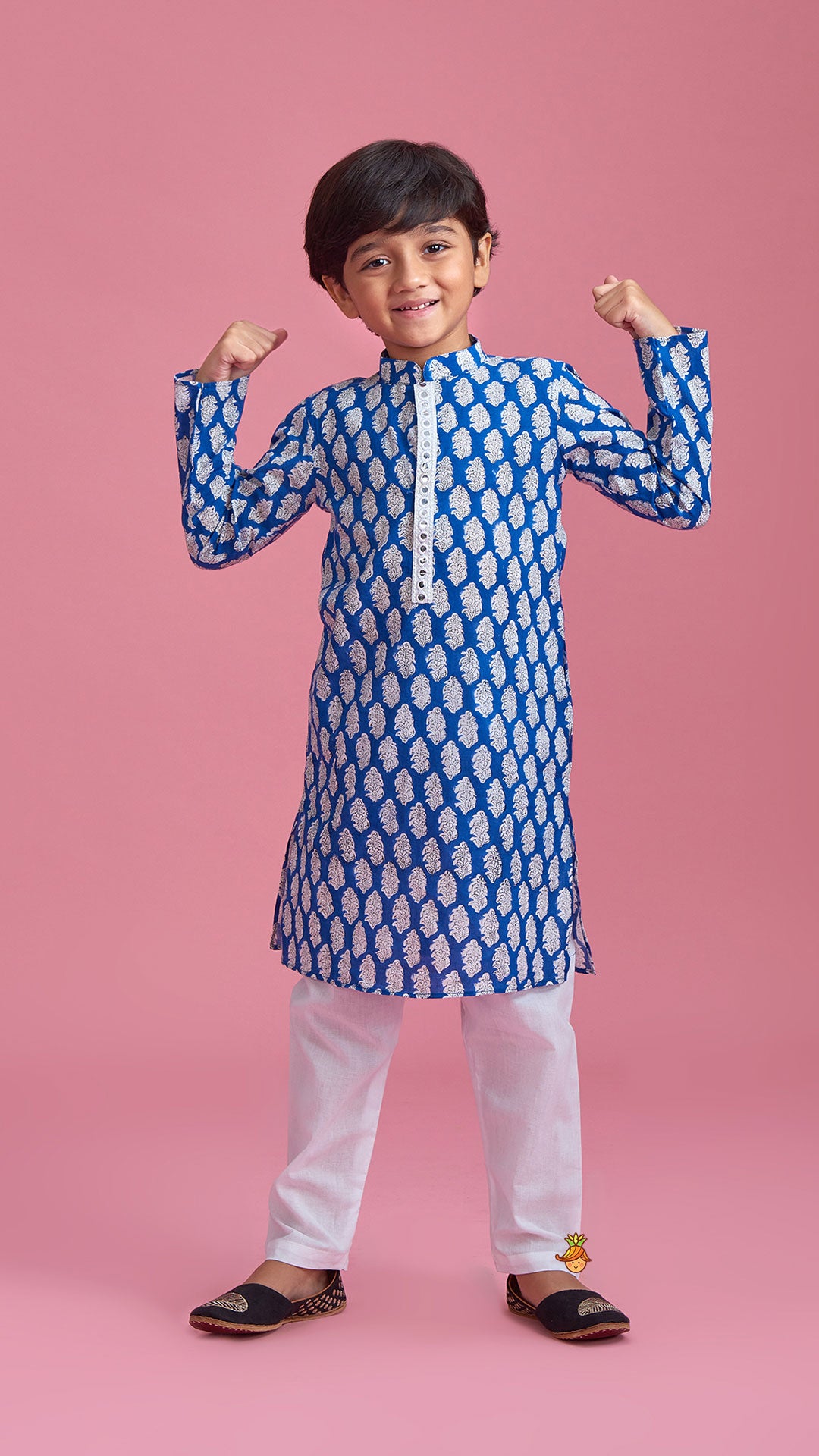 Hand Block Printed Motifs Blue Kurta With White Pyjama