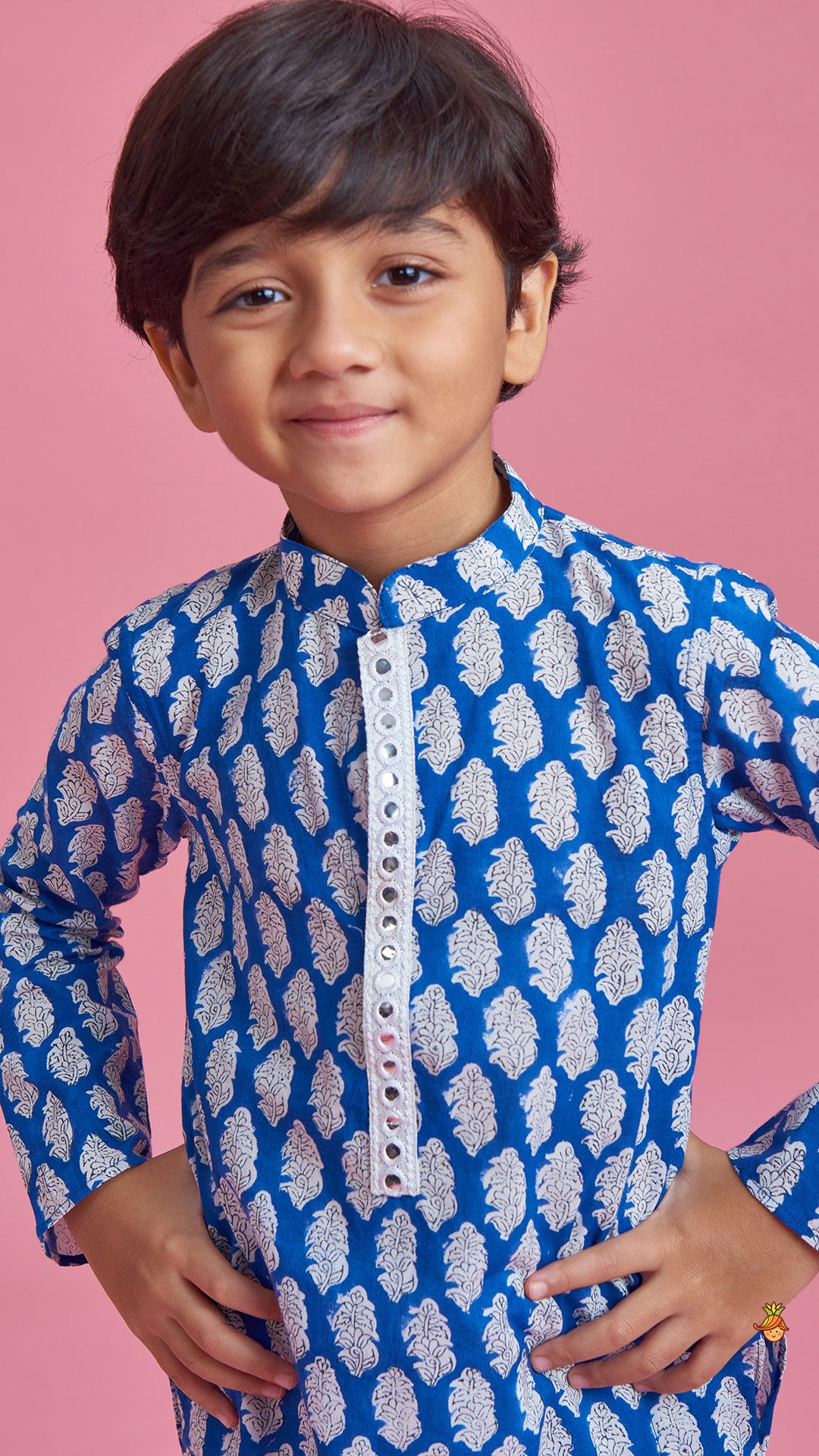 Hand Block Printed Motifs Blue Kurta With White Pyjama