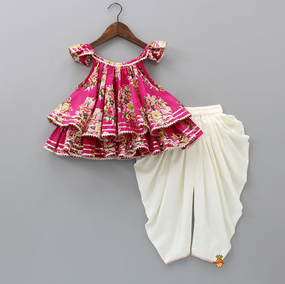 Pre Order: Floral Printed Gota Lace Detailed Layered Top With Dhoti