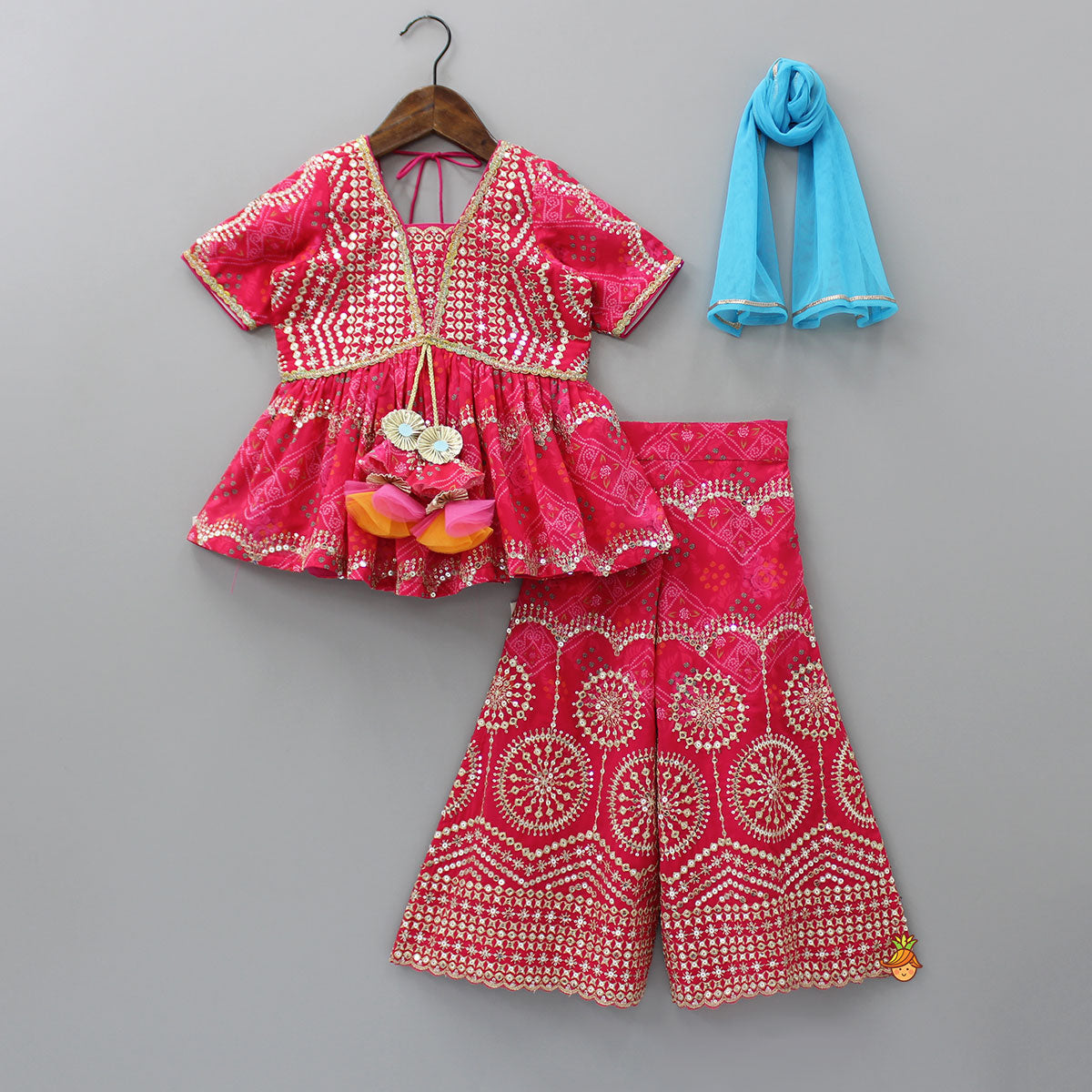 Bandhani Printed Sequins Embroidered Top And Sharara With Dupatta