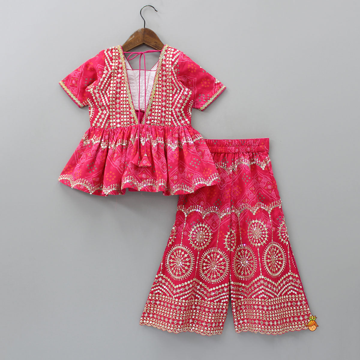 Bandhani Printed Sequins Embroidered Top And Sharara With Dupatta