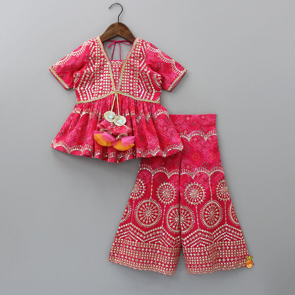 Bandhani Printed Sequins Embroidered Top And Sharara With Dupatta