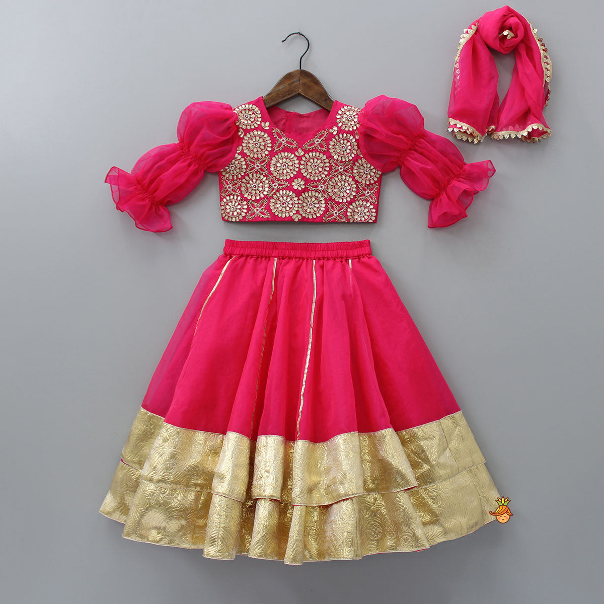 Pre Order: Gorgeous Double Puff Sleeves Top And Gota Lace Work Lehenga With Dupatta