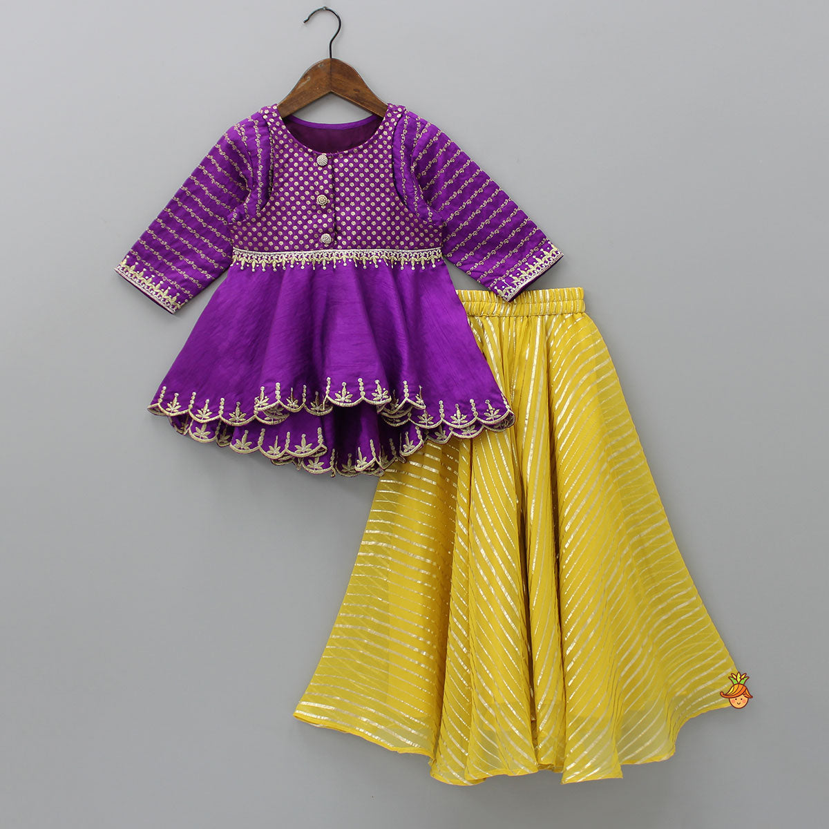 Front Open Purple High Low Top And Lurex Striped Palazzo