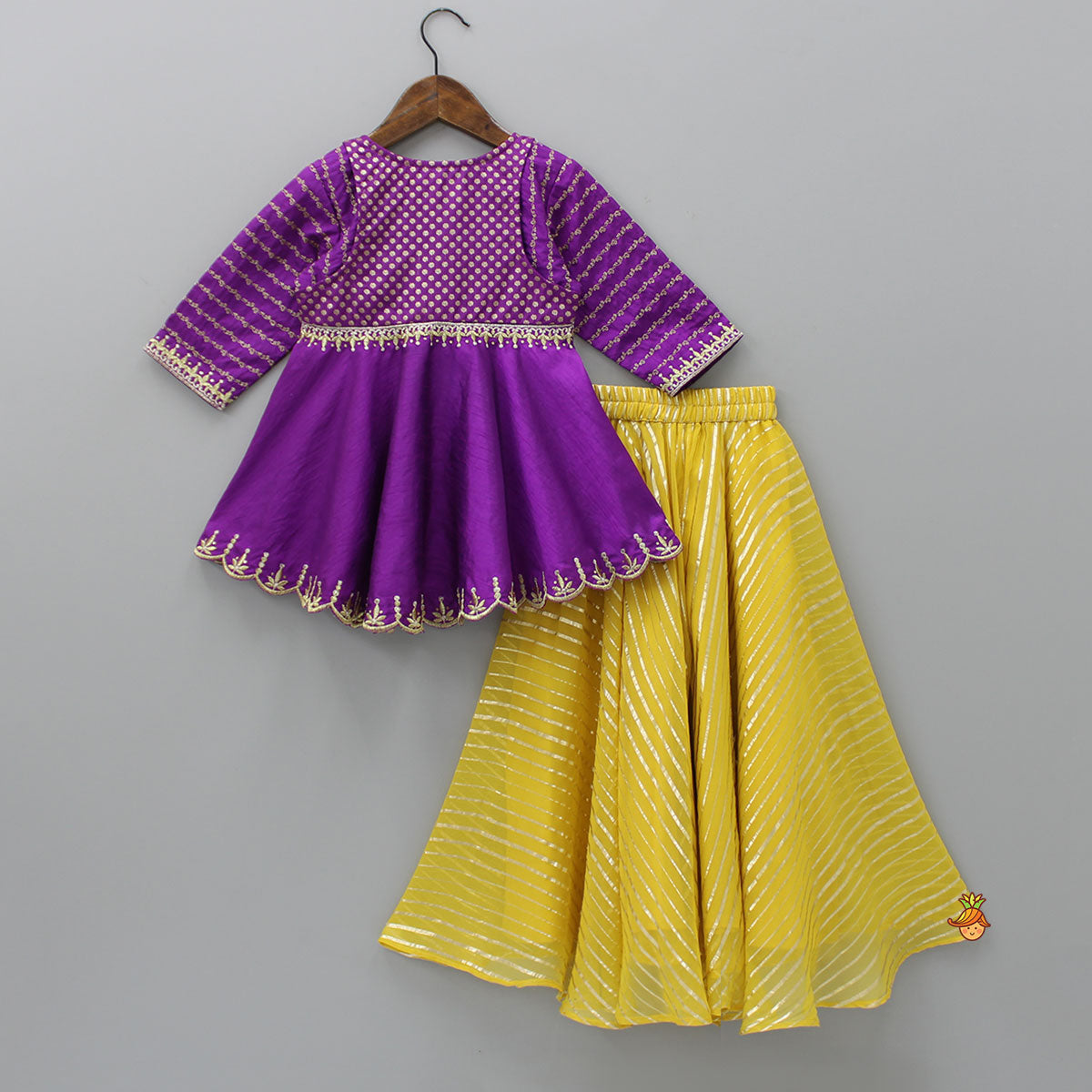 Front Open Purple High Low Top And Lurex Striped Palazzo