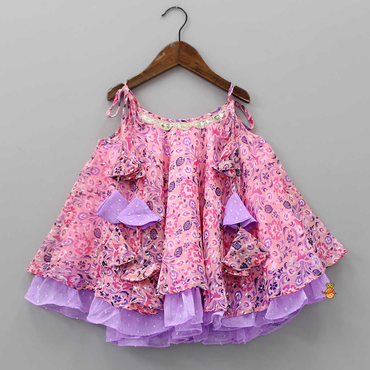 Contrasting Frills Enhanced Pink Kurti And Palazzo