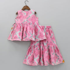 Pre Order: Bandhani Printed Faux Mirror Work Top And Sharara