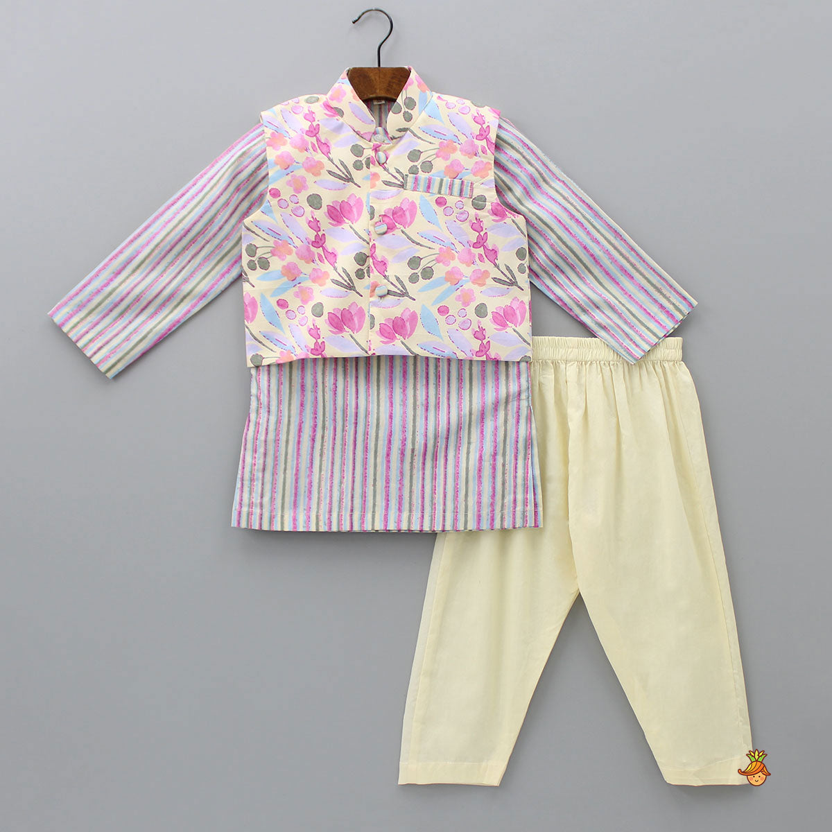 Striped Multicolour Kurta With Front Open Pocket Detail Printed Jacket And Pyjama