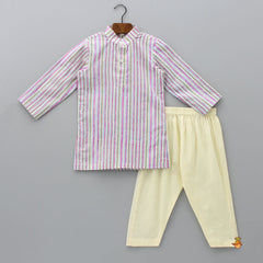 Striped Multicolour Kurta With Front Open Pocket Detail Printed Jacket And Pyjama