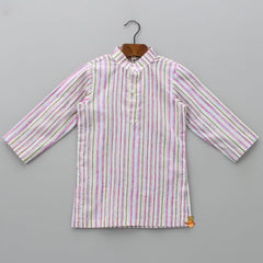 Striped Multicolour Kurta With Front Open Pocket Detail Printed Jacket And Pyjama