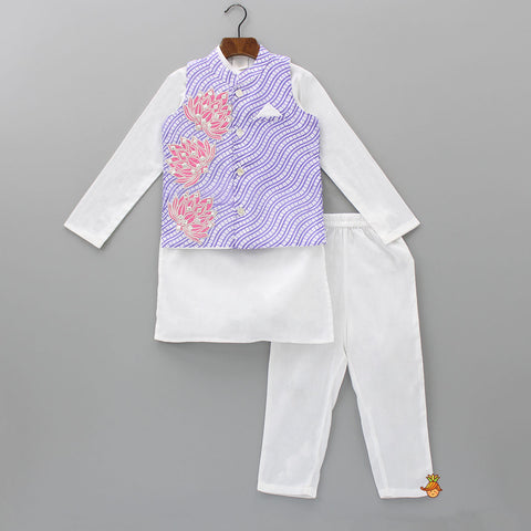 Pre Order: White Kurta With Bandhani Printed Jacket And Pyjama